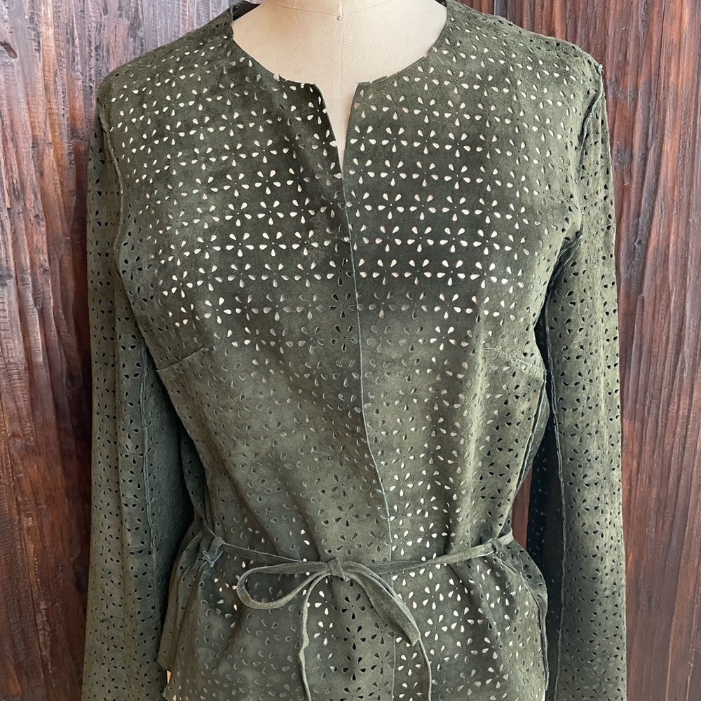 illia Perforated Suede Tie Belt Cardigan with Slit Cuffs
